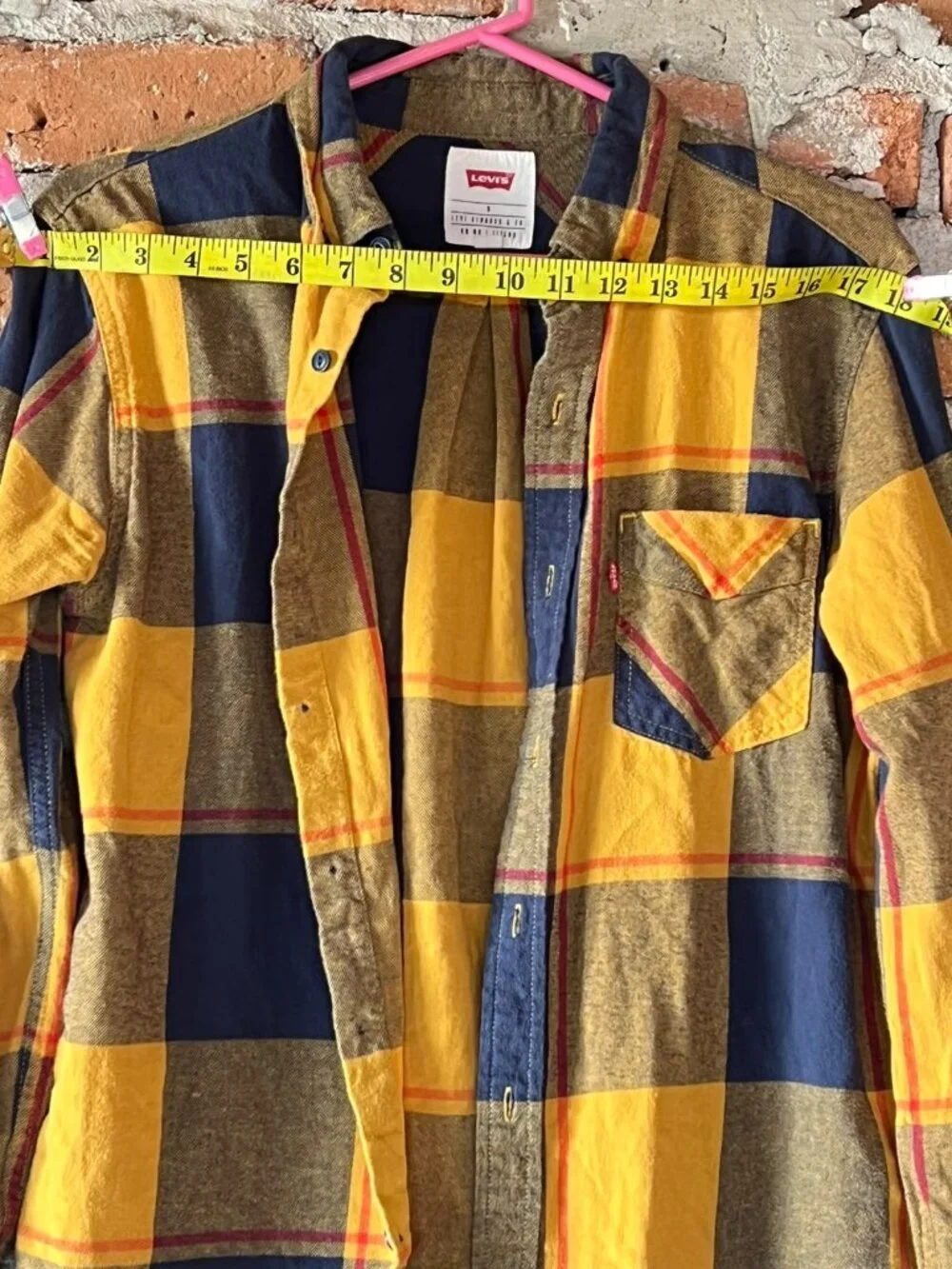Levi's Yellow & Navy Blue Plaid Long Sleeve Flannel Button Down Shirt Small